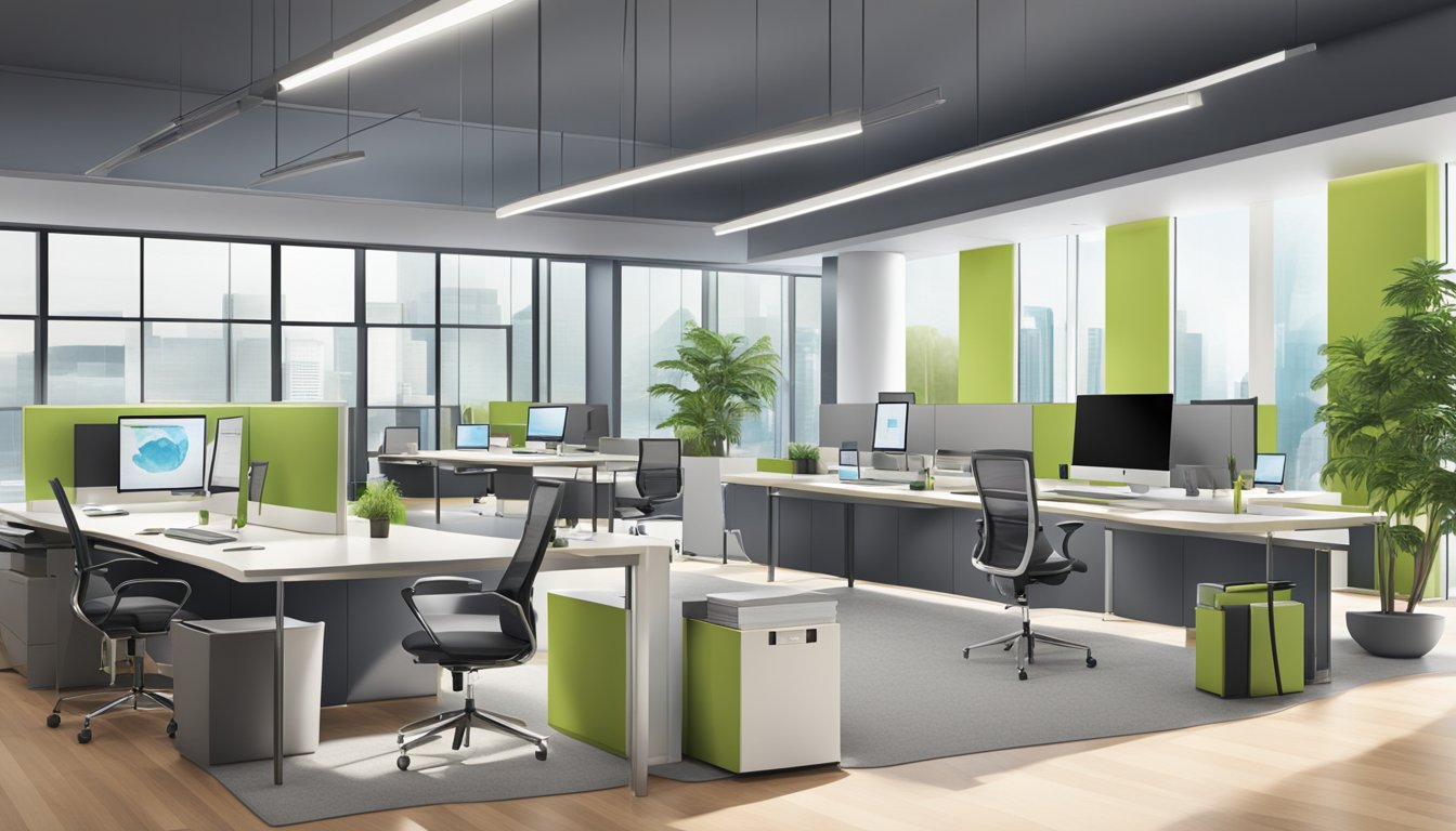 A sleek, modern office setting with a display of high-quality, eco-friendly corporate wear options
