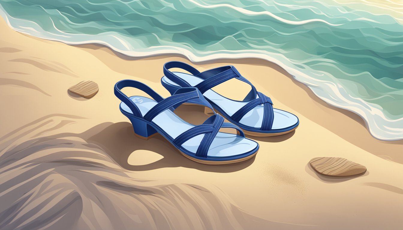 A pair of branded women's sandals placed on a sandy beach with waves crashing in the background