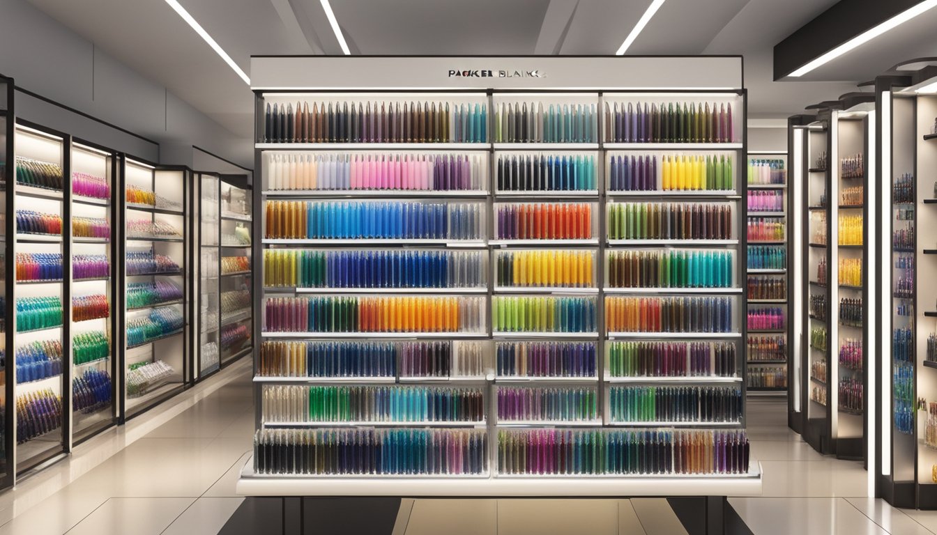 Various pen brands like Parker, Mont Blanc, and Cross displayed on shelves in a well-lit store in Sri Lanka
