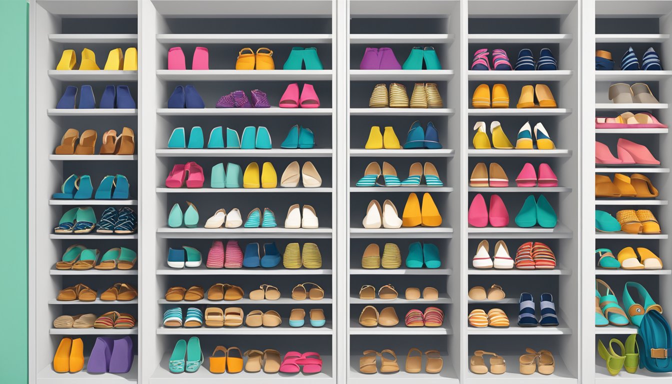A colorful array of branded sandals arranged next to various outfits in a closet