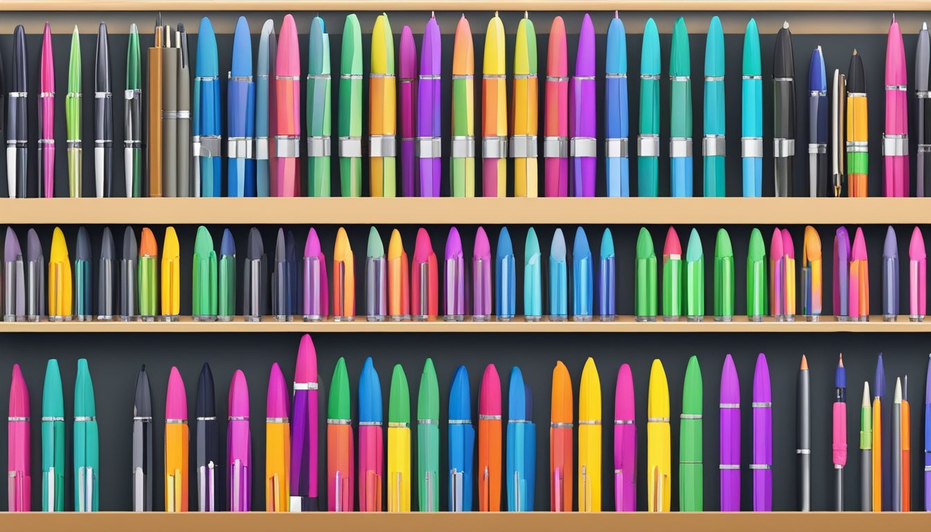 A hand reaches for a display of Perfect Pen branded pens in Sri Lanka. The pens are neatly arranged on a shelf, with colorful packaging and various pen styles to choose from