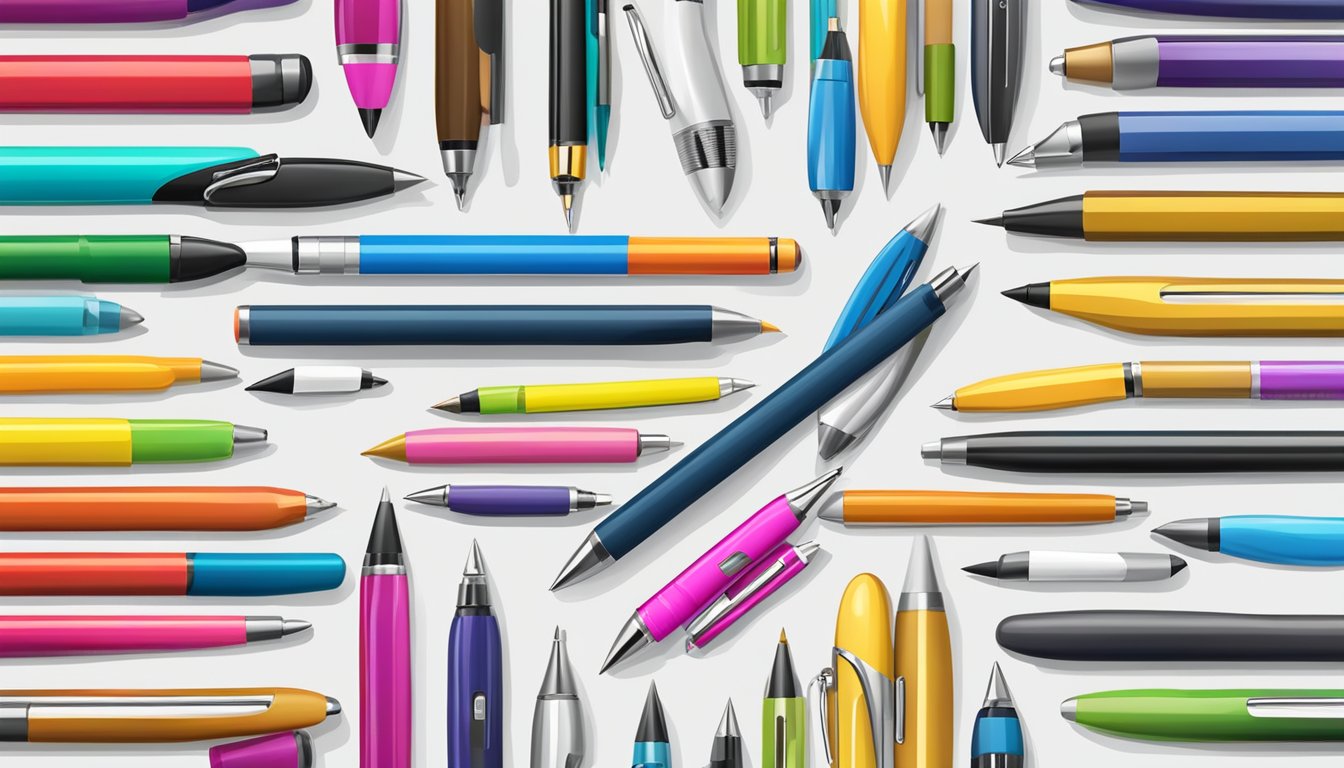A colorful array of branded pens arranged on a sleek desk with a variety of backgrounds representing different occasions