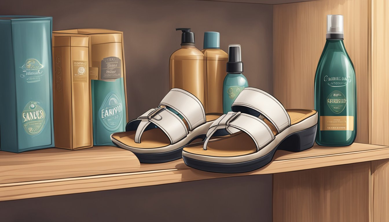 A pair of Sandals branded sandals for women resting on a shelf, with a soft cloth and a bottle of leather conditioner nearby