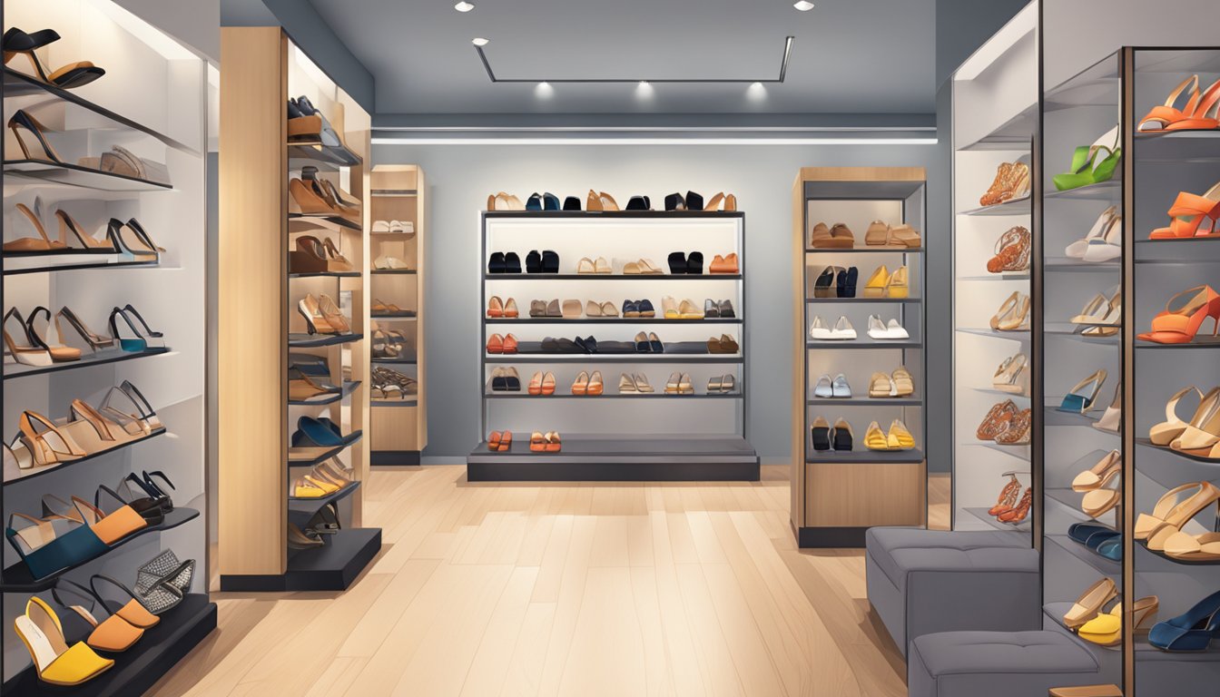 A stylish boutique display showcasing various branded sandals for women. Shelves neatly organized with different styles and colors. Bright lighting highlights the elegant designs