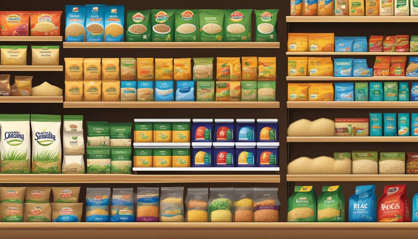 Various rice brands displayed on shelves in a grocery store. Different packages, colors, and logos distinguish each type