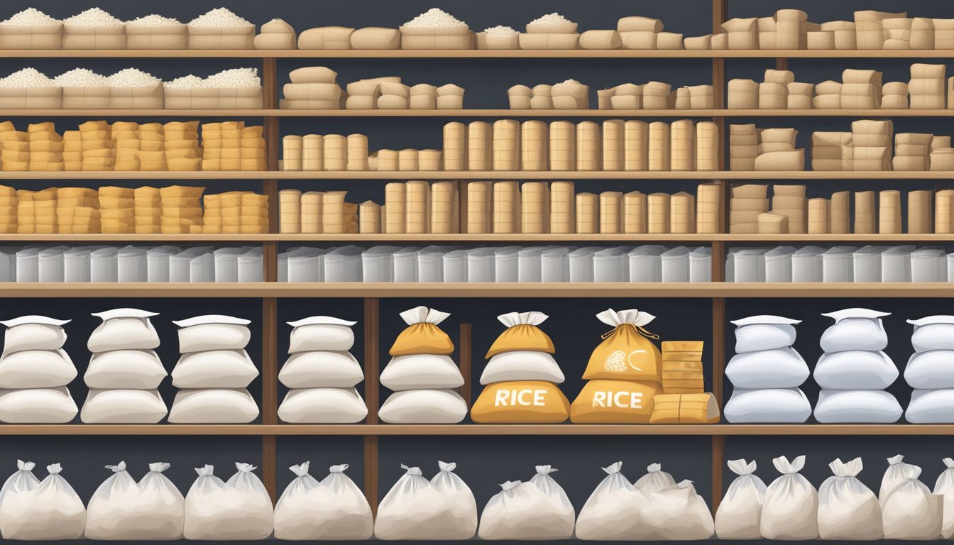 Rice bags arranged neatly on shelves, with labels indicating different brands. A storage area with large containers holding bulk rice