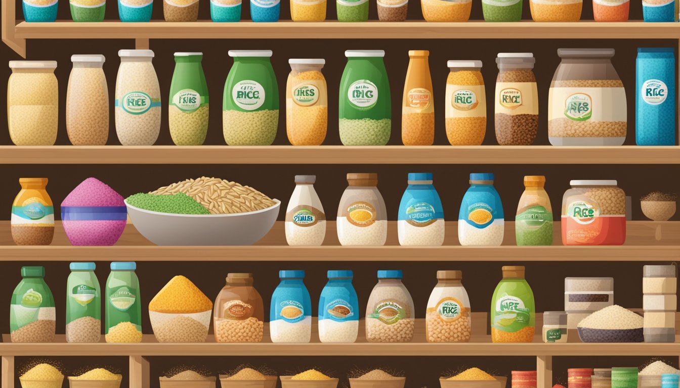 Various rice brands from around the world displayed on shelves in a bustling market, with colorful packaging and different types of rice grains