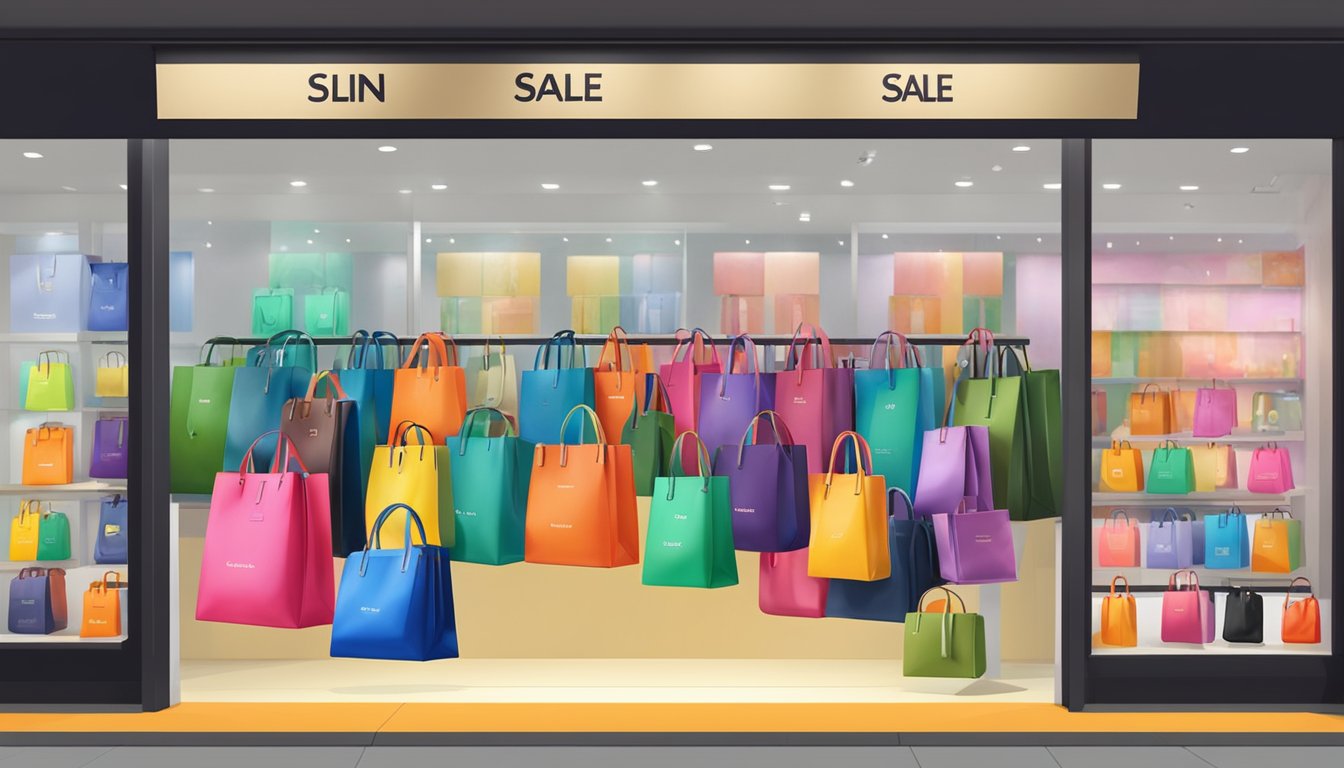 Colorful branded sling bags displayed in Singapore store windows, with sale signs