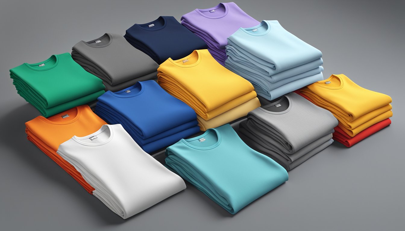 A stack of folded branded t-shirts on a display table. The logo is prominently displayed on the front of each shirt