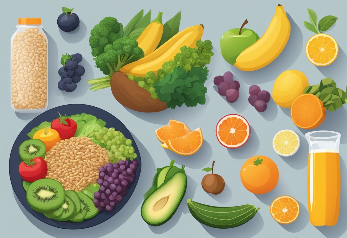A colorful array of fruits, vegetables, lean proteins, and whole grains arranged on a table