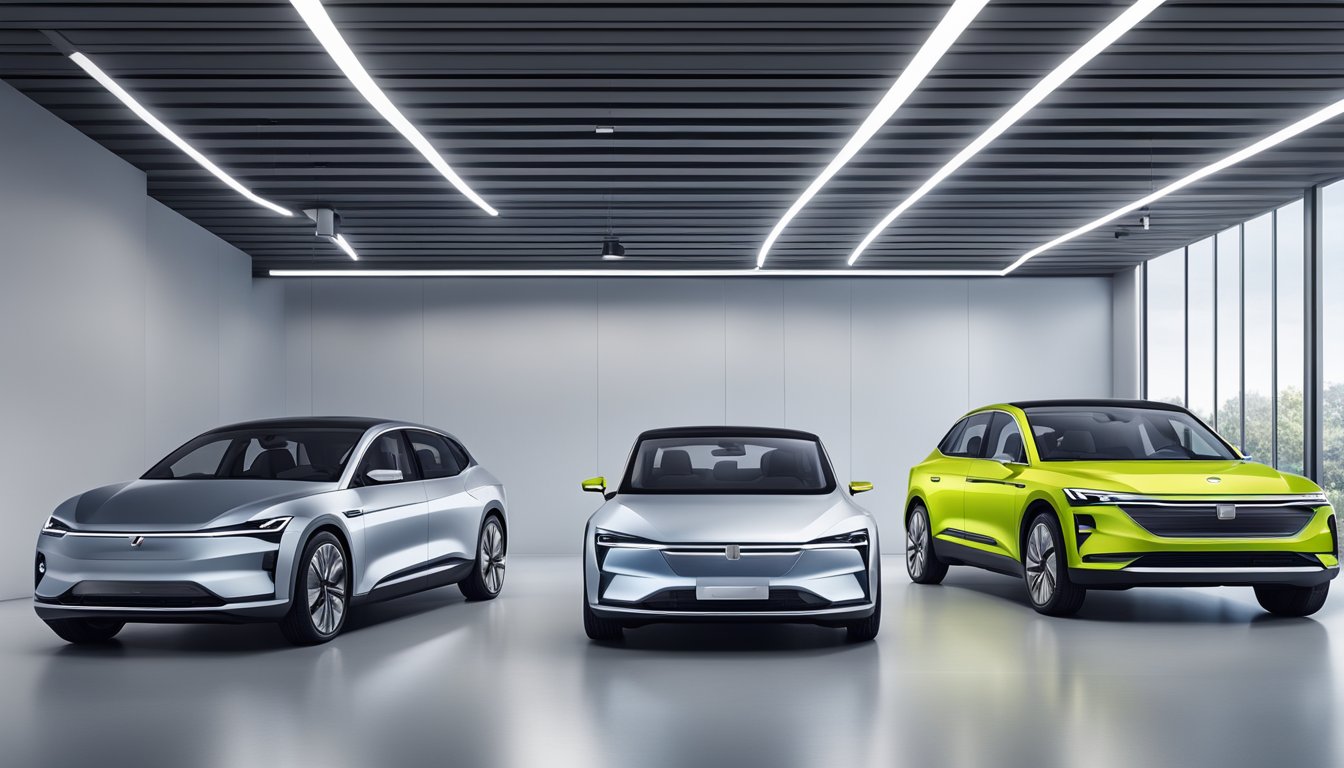An electric and hybrid SEAT car brand lineup displayed in a sleek showroom