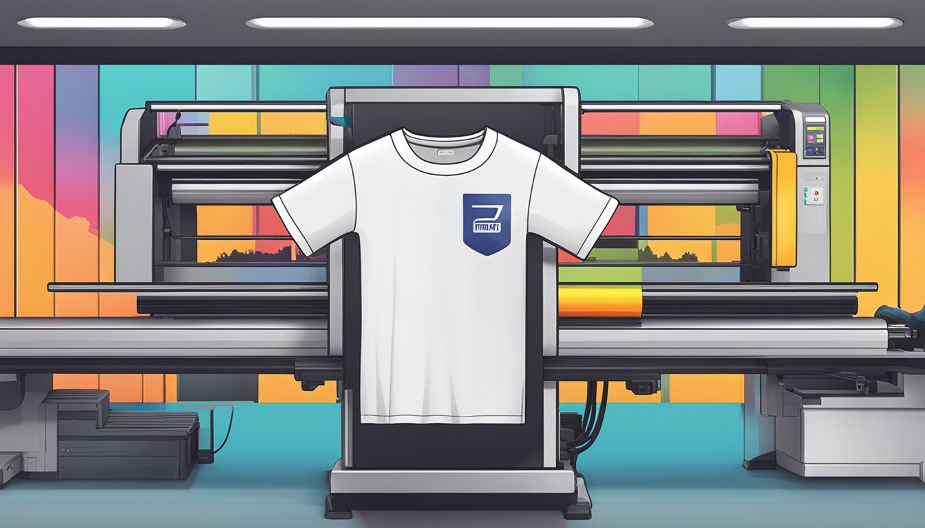 A t-shirt being printed with a custom design using a branded logo and vibrant colors, with the printer in action and the finished product on display