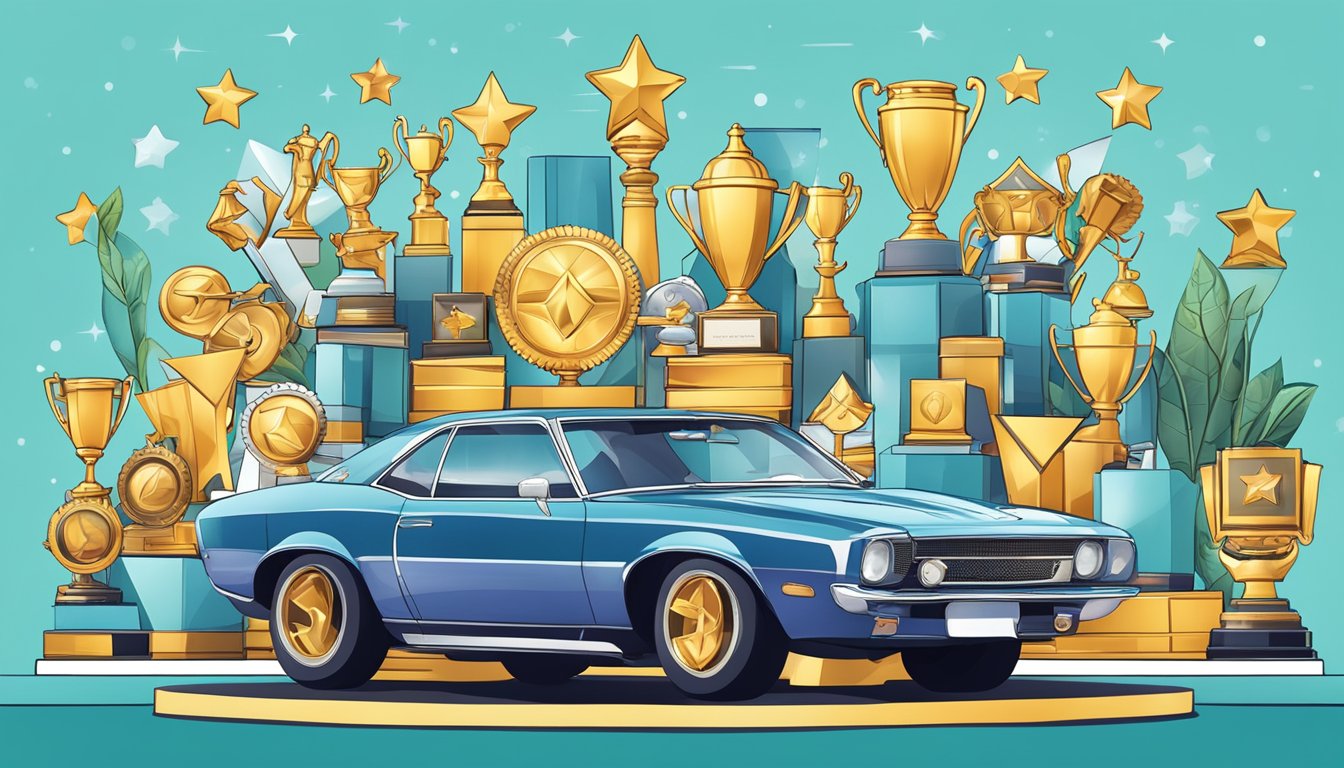 A shiny car with trophies and awards displayed on the hood and roof, showcasing the brand's achievements and recognitions