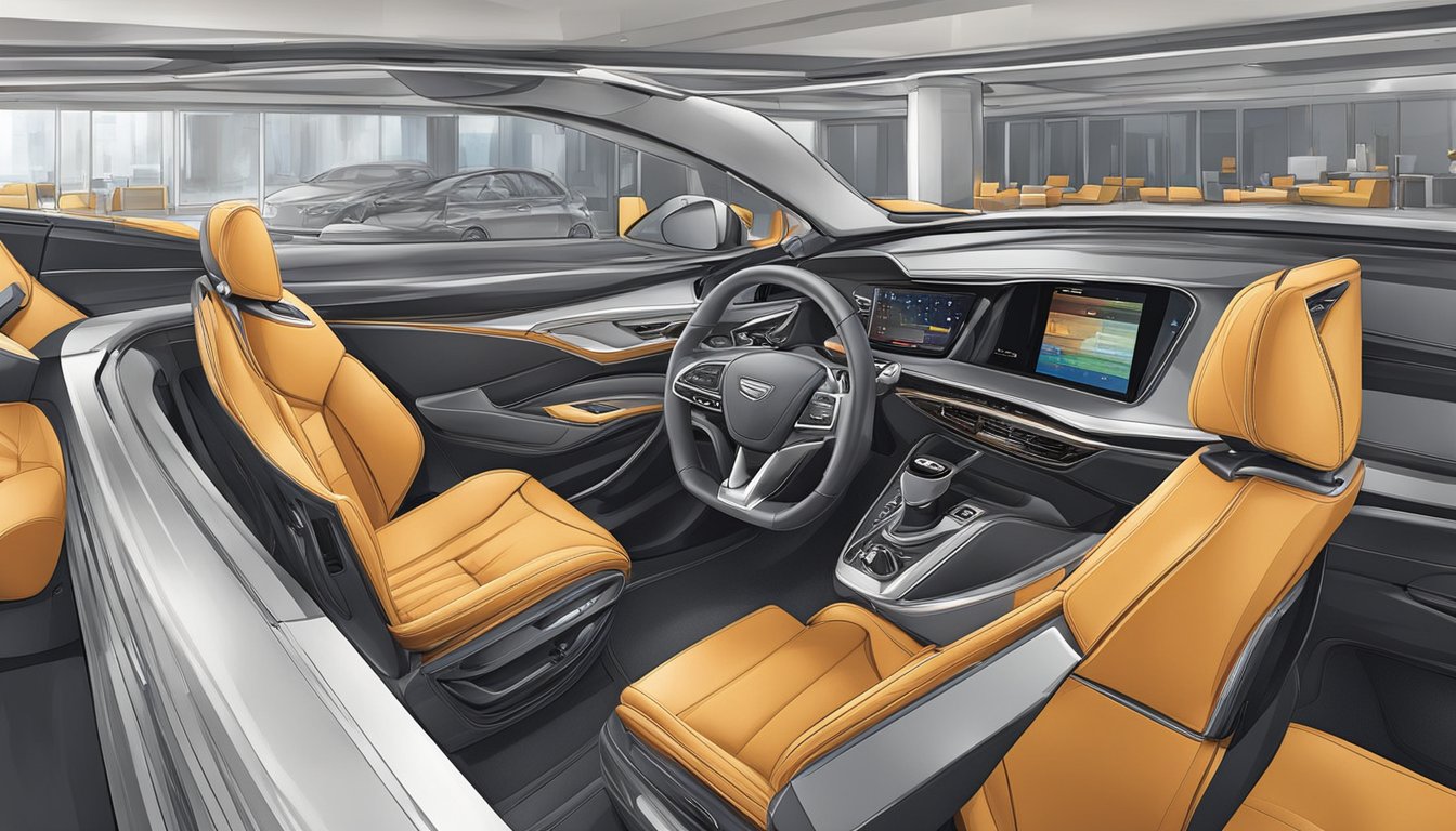 A sleek, modern car seat sits prominently in a bustling business setting, surrounded by sleek, professional decor and busy professionals