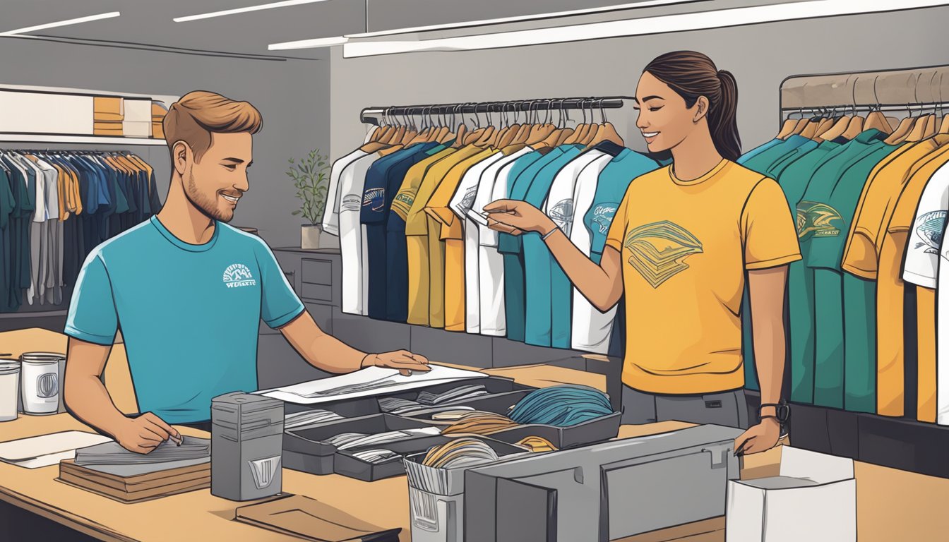 A customer selects from various color and design options for a branded t-shirt, while a staff member takes their order