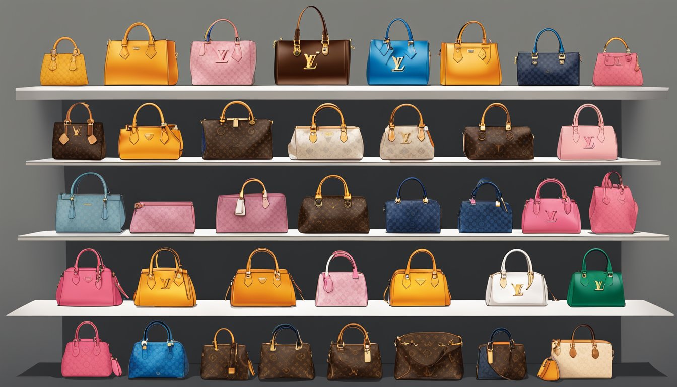 A display of Louis Vuitton branded handbags arranged on a sleek, modern shelf