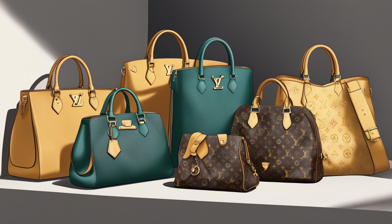 A display of vintage Louis Vuitton handbags, showcasing the evolution of the brand's iconic designs and craftsmanship