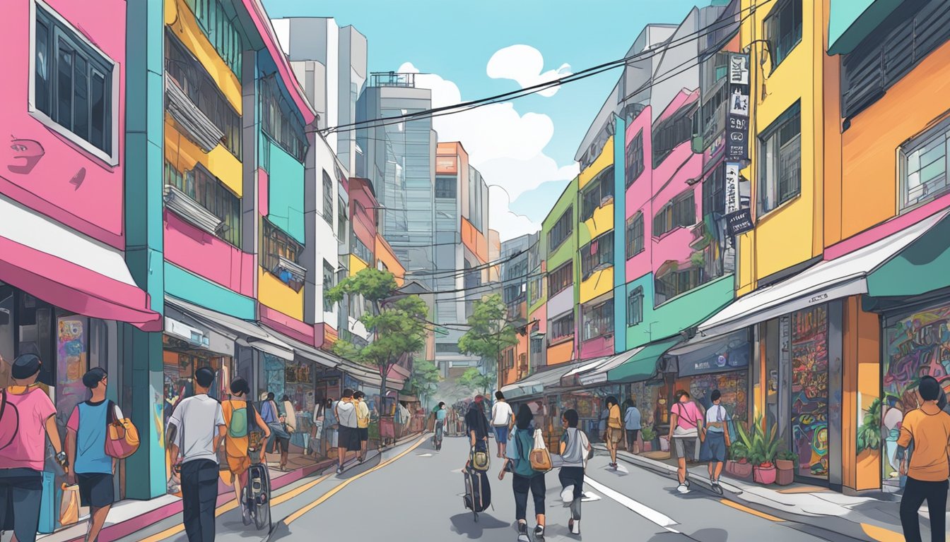 A bustling Singapore street lined with trendy, graffiti-covered walls, showcasing local streetwear brands in vibrant storefronts
