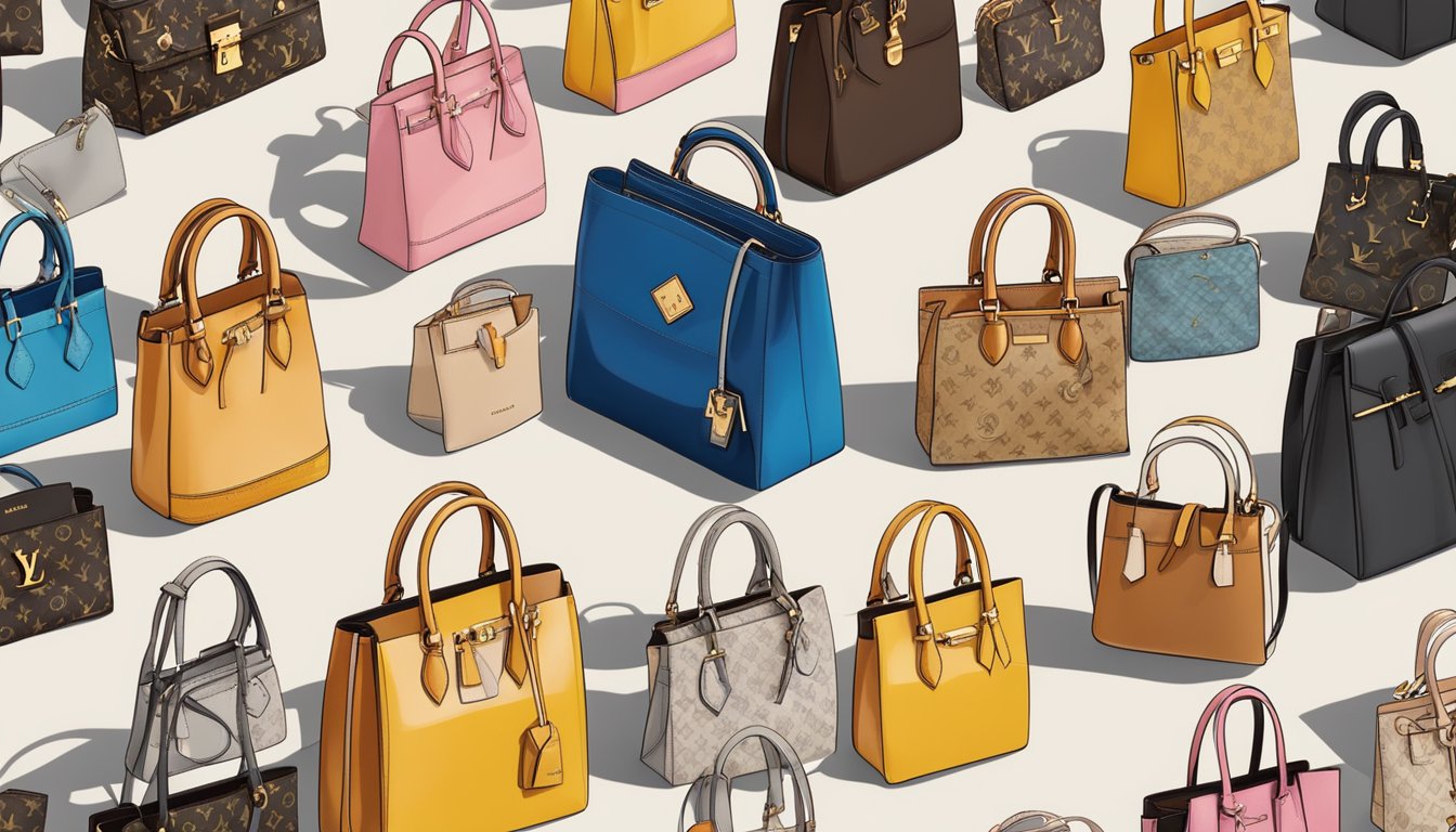 A display of stylish branded handbags by Louis Vuitton, showcasing a variety of designs for different occasions
