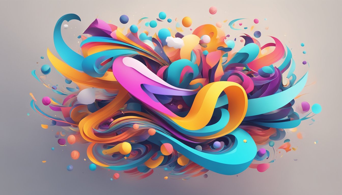 Various logos and symbols hover in a vibrant, swirling mass, emitting a low hum. The colors and shapes of the brands create a dynamic and energetic scene