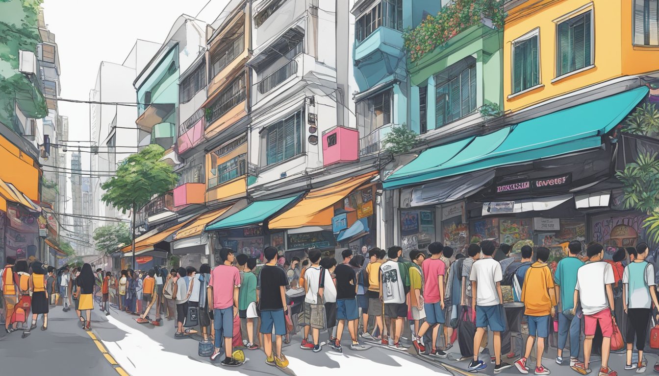 A bustling Singapore street filled with vibrant, diverse fashion boutiques and graffiti-covered walls, showcasing the evolution of streetwear brands
