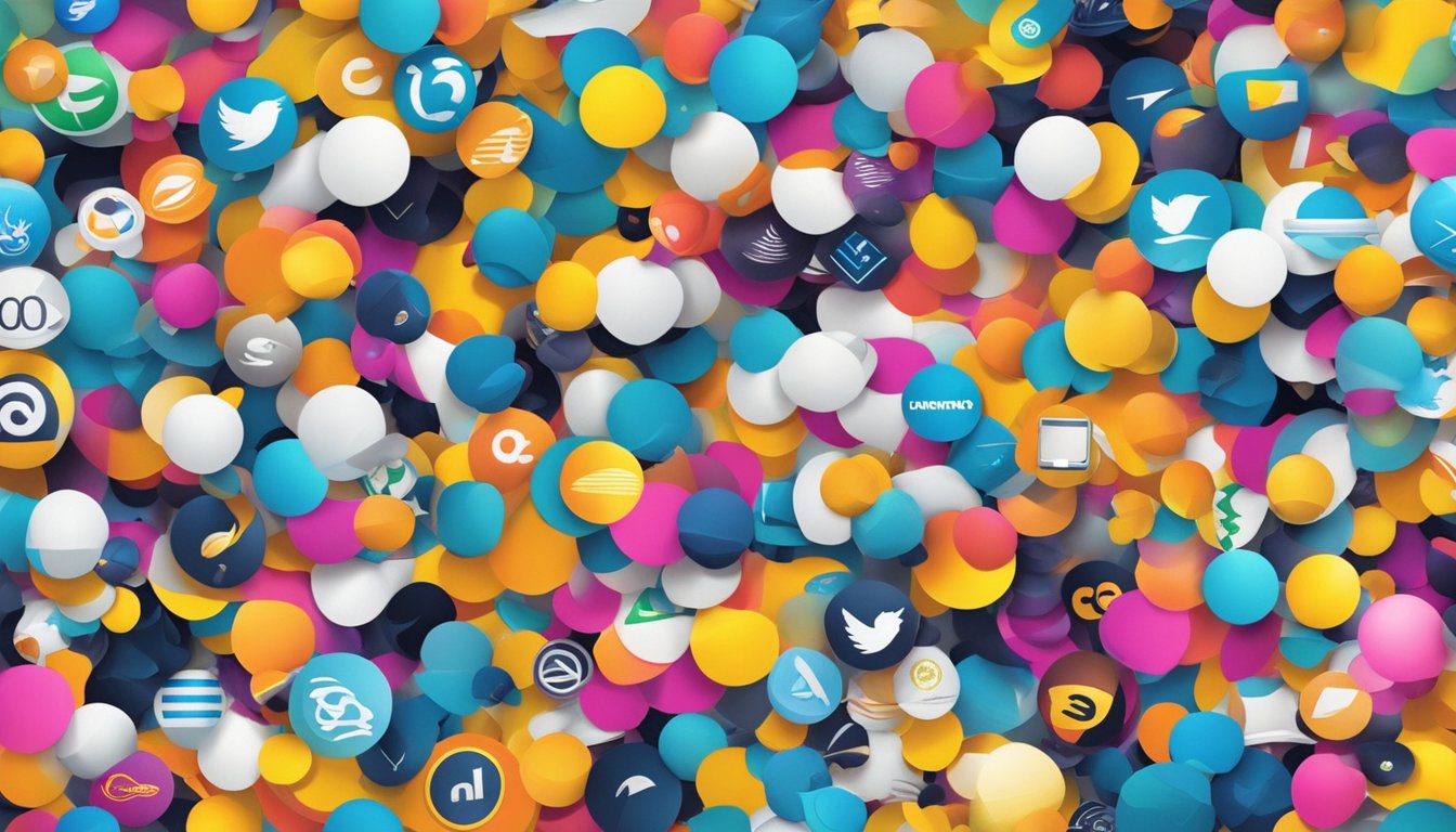 A colorful swarm of buzzing brand logos fills the air, radiating energy and excitement. The logos dance and intertwine, creating a vibrant and dynamic scene