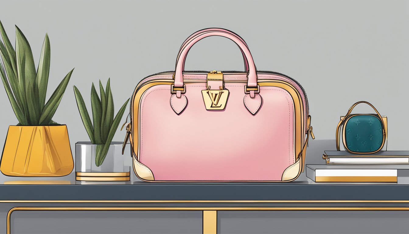 A Louis Vuitton handbag sits on a sleek, modern shelf, showcasing its practical design and luxurious branding