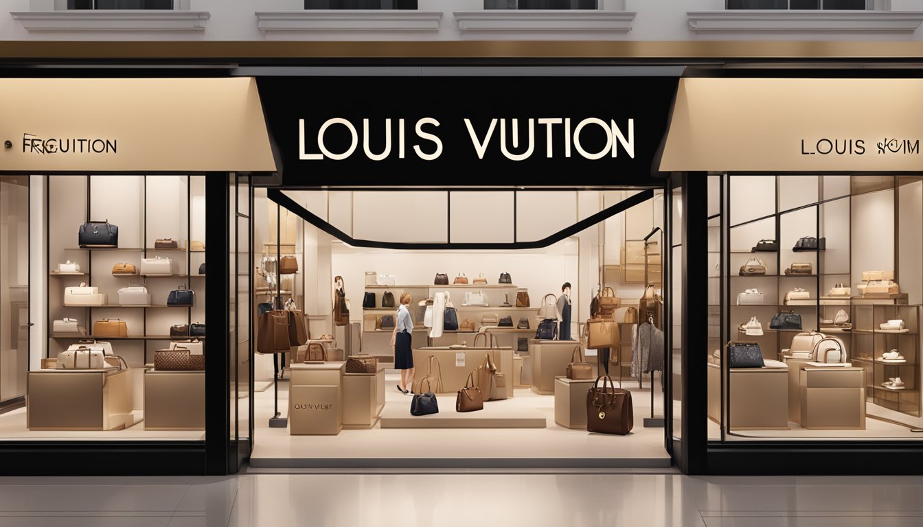 A display of Louis Vuitton branded handbags with a "Frequently Asked Questions" banner in the background
