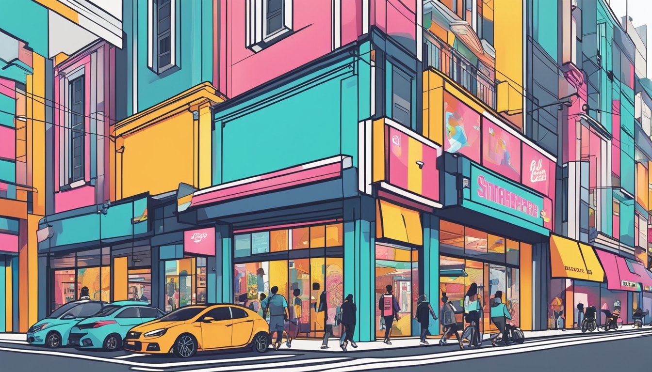 Vibrant storefronts display iconic streetwear logos in a bustling Singapore shopping district. Bright colors and bold graphics draw in trendy shoppers