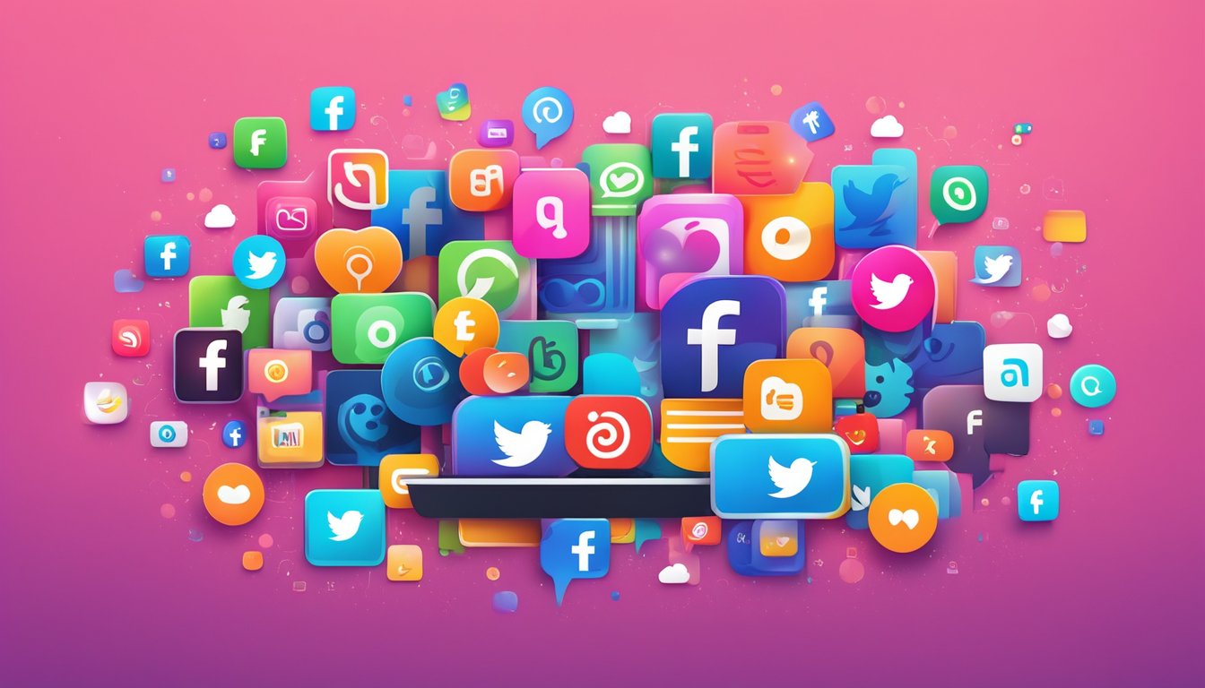 A vibrant social media logo surrounded by likes, shares, and comments, with a trending hashtag and colorful graphics
