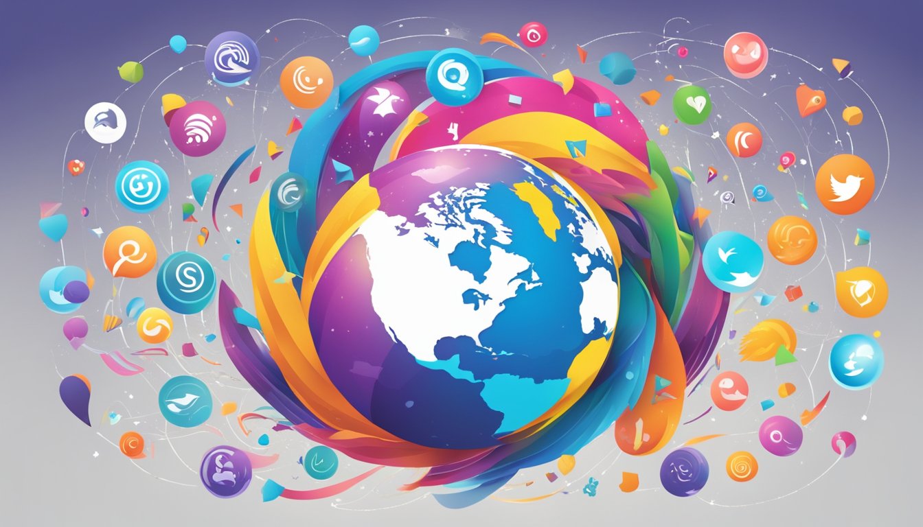 Vibrant logos and slogans swirl around a globe, sparking excitement and engagement. Social media icons and hashtags create a sense of connectivity and energy