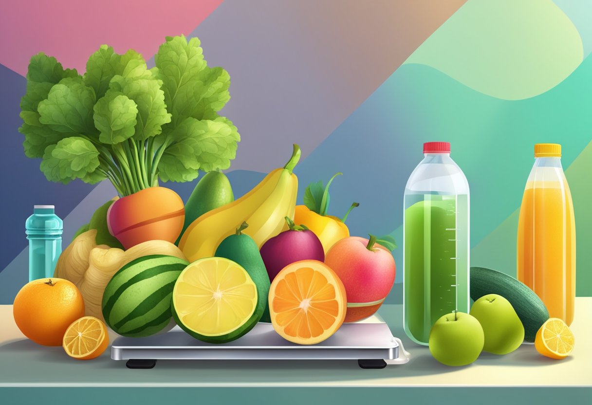 A table with fruits, vegetables, and water bottles. Scales and measuring tape nearby. Bright, colorful background