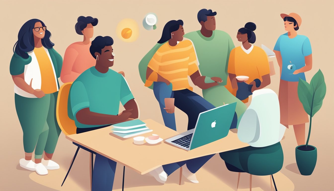 A group of diverse consumers engaging with a brand's products. Positive reviews and word-of-mouth create a buzz around the brand, building trust and loyalty