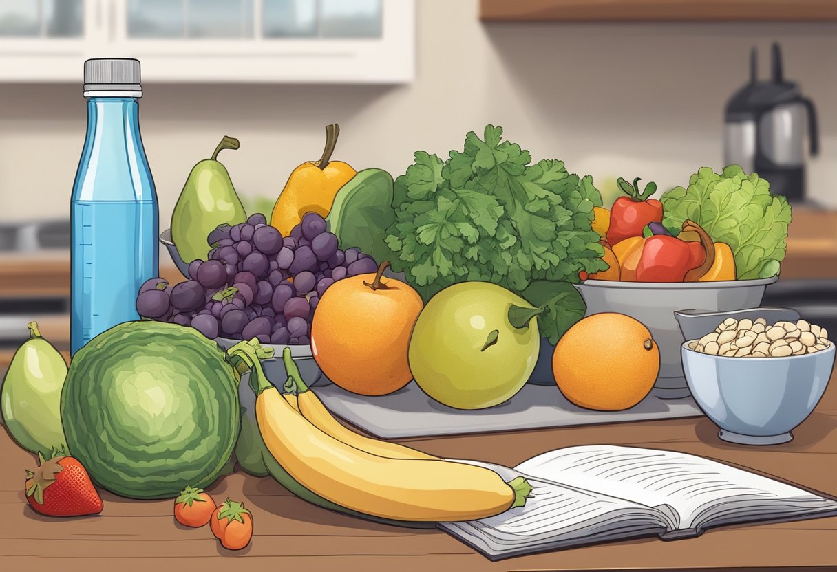 A table filled with colorful fruits, vegetables, and lean proteins. A water bottle and measuring cups sit nearby. An open cookbook displays healthy recipes