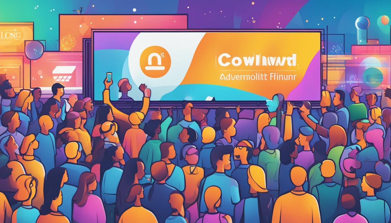 A crowd of people gather around a glowing billboard displaying various popular brands. Excited chatter fills the air as they interact with the vibrant, dynamic advertisements