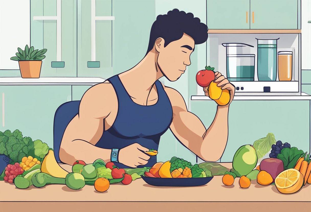 A person eating fruits, vegetables, and lean proteins while exercising