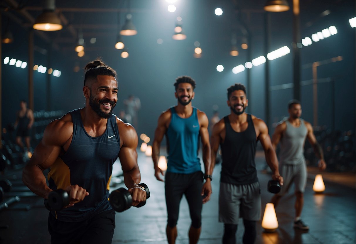 People exercising in a dimly lit gym during Ramadan in 2024. Sweat glistens under the soft glow of the lights as participants push through their workouts