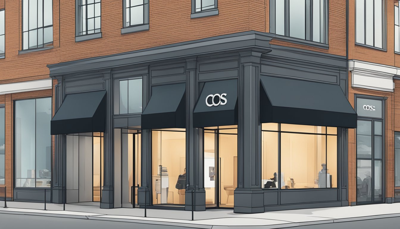A sleek, modern storefront with the COS Men logo prominently displayed. Clean lines and minimalistic design draw in customers