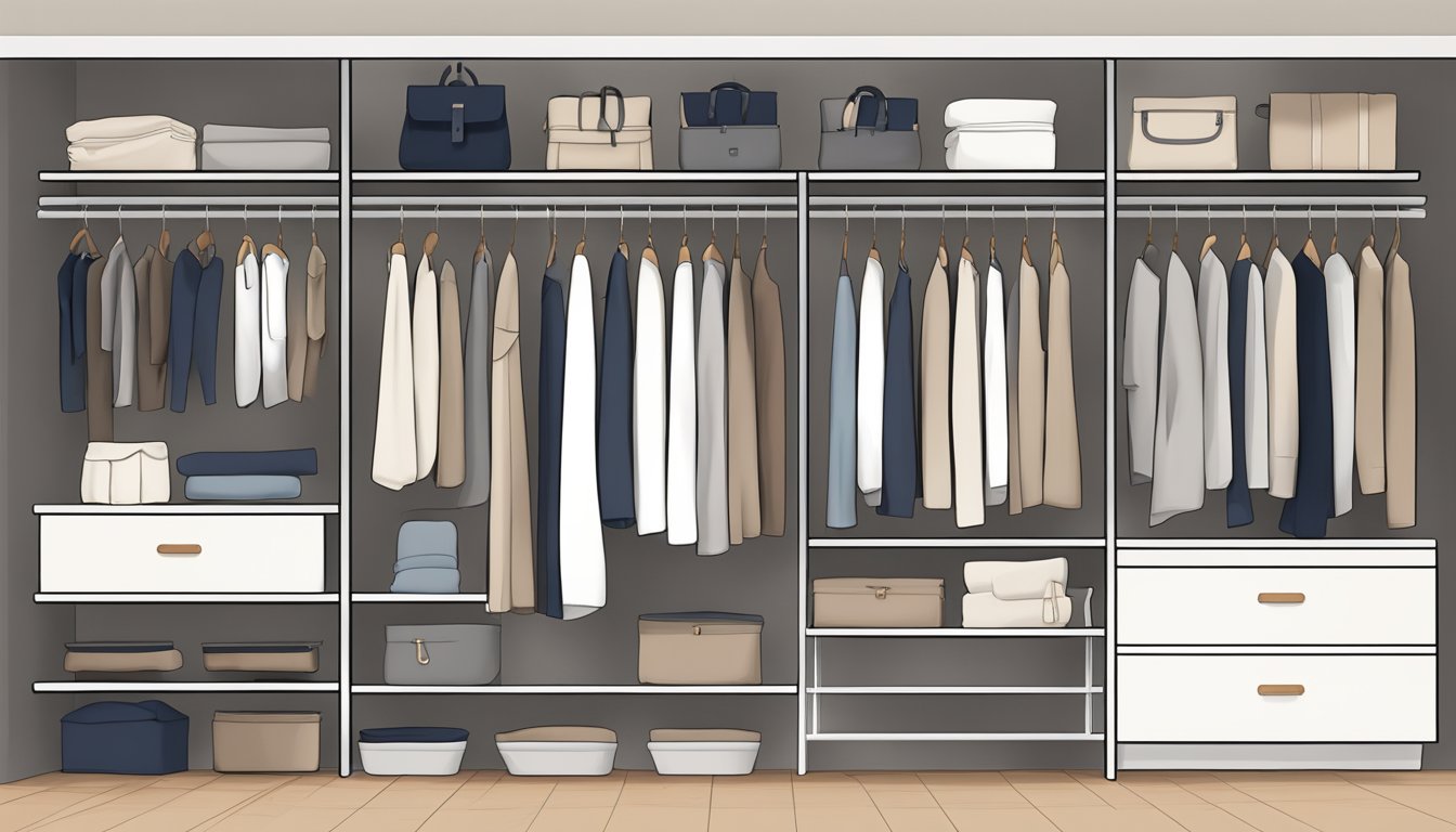 A simple, organized closet with neutral-colored clothing neatly folded and hanging, featuring clean lines and minimalistic design