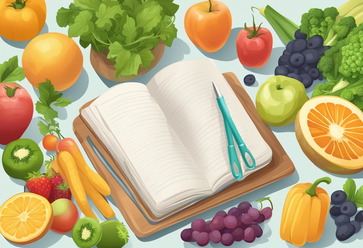 A table with an assortment of colorful fruits, vegetables, and lean proteins. A scale and measuring tape nearby. An open cookbook with healthy recipes
