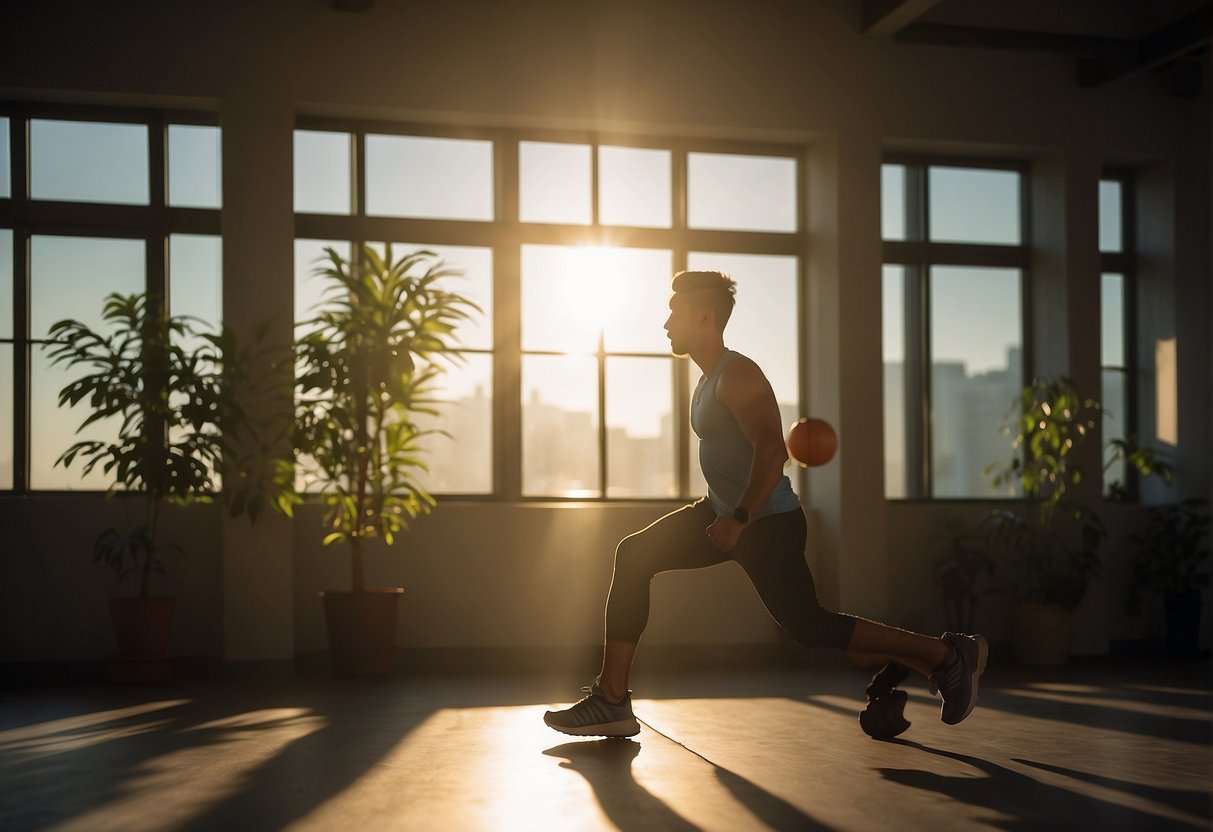 A person is seen exercising in a dimly lit room, with a clock on the wall showing the time to be just before sunset. The person is engaged in a light workout, taking breaks to hydrate and catch their breath
