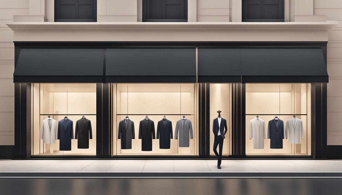 A sleek, modern storefront with clean lines and neutral colors, showcasing the elegant and sophisticated branding of luxury and high-end minimalism like COS Men