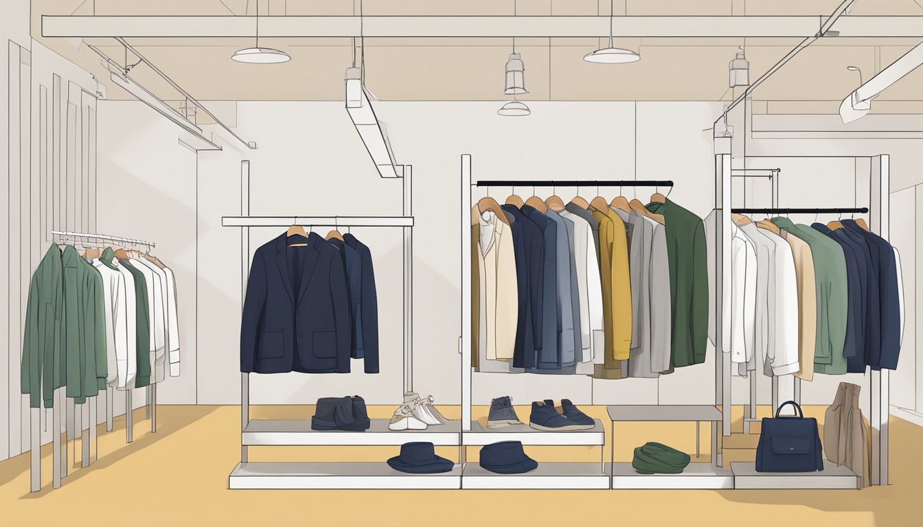 A rack of sustainable and ethical fashion garments, with the COS Men logo prominently displayed