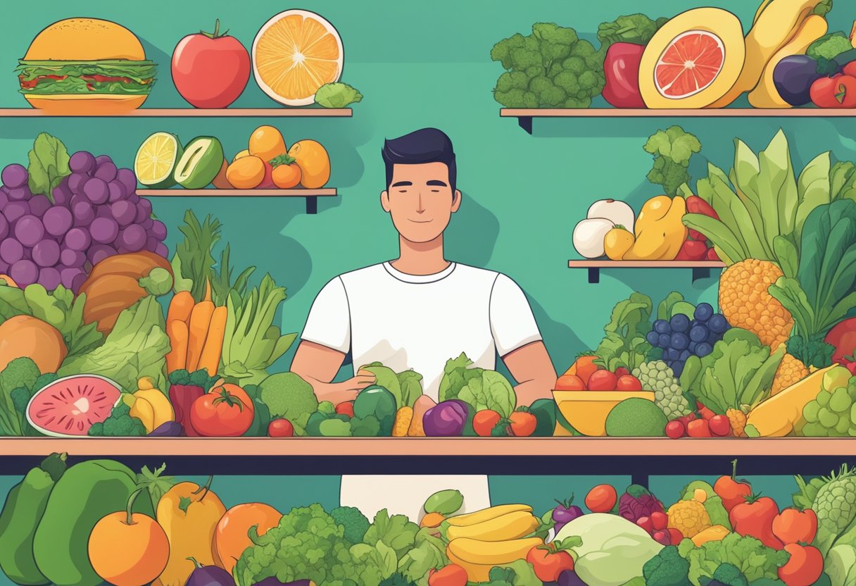 A person surrounded by healthy foods like fruits and vegetables, with junk food in the background
