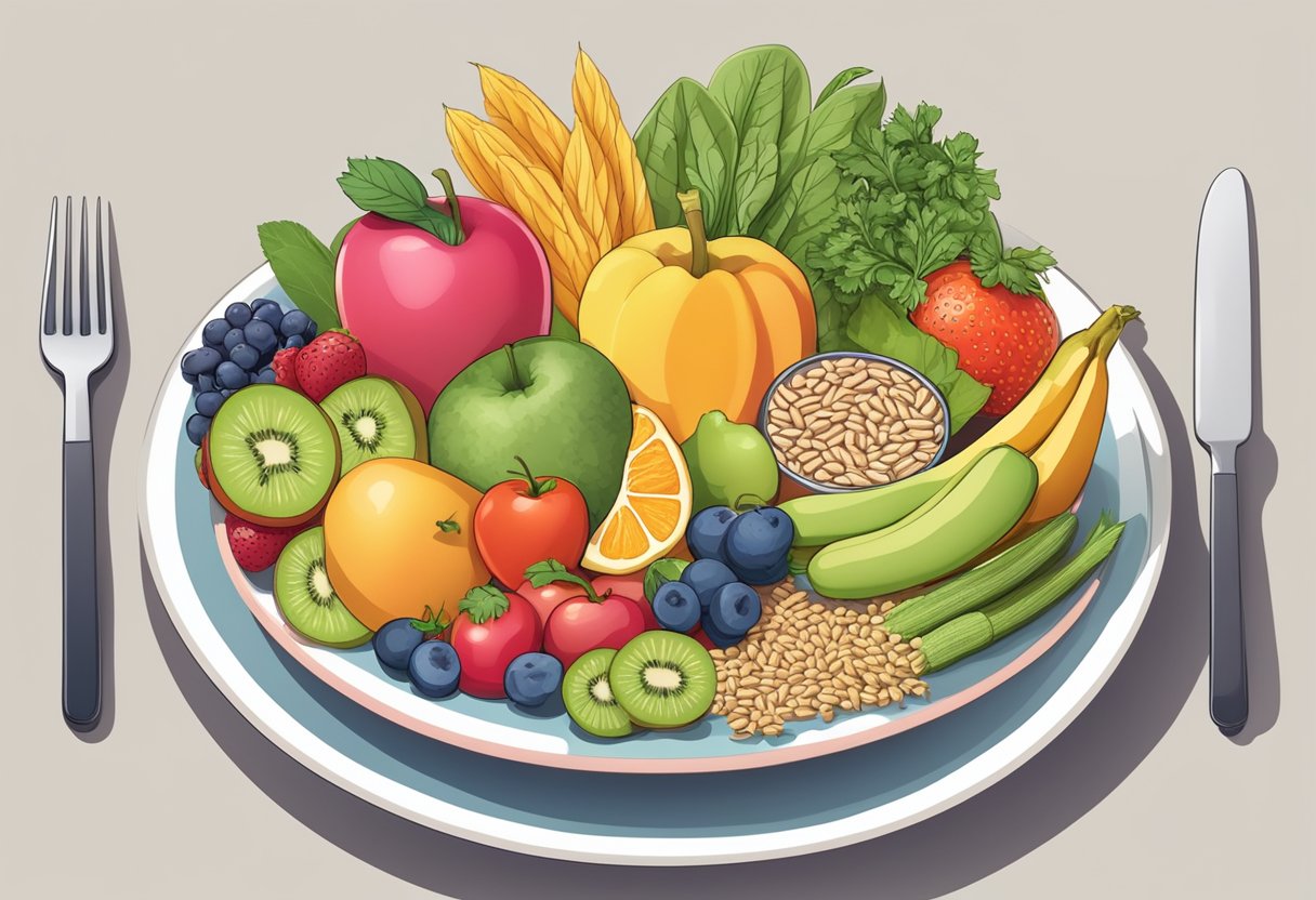 A plate with a variety of fruits, vegetables, lean proteins, and whole grains, surrounded by a halo of misleading nutrition myths