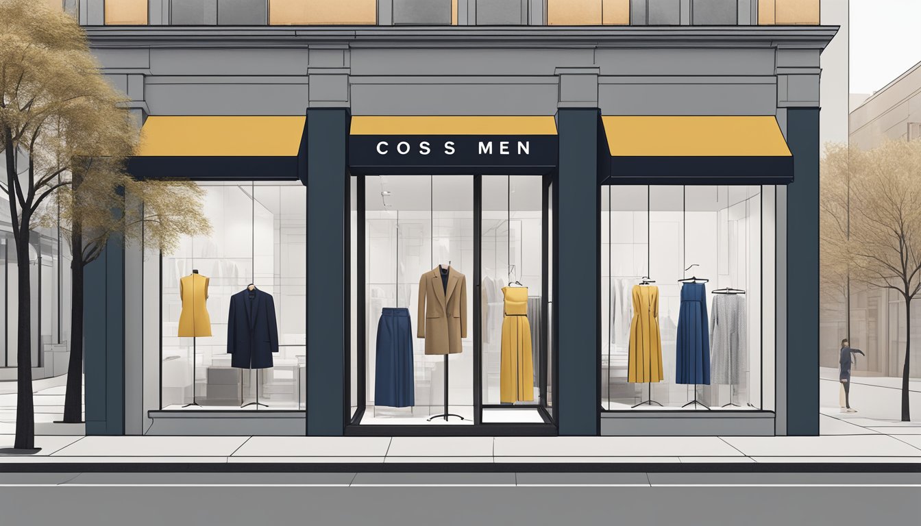 A sleek, modern storefront with bold typography and minimalist design, showcasing the latest trends in fashion from brands like COS Men