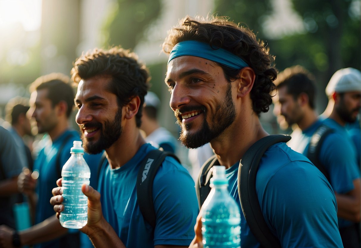 Athletes hydrate with water bottles and electrolyte drinks before and after a Ramadan workout in 2024