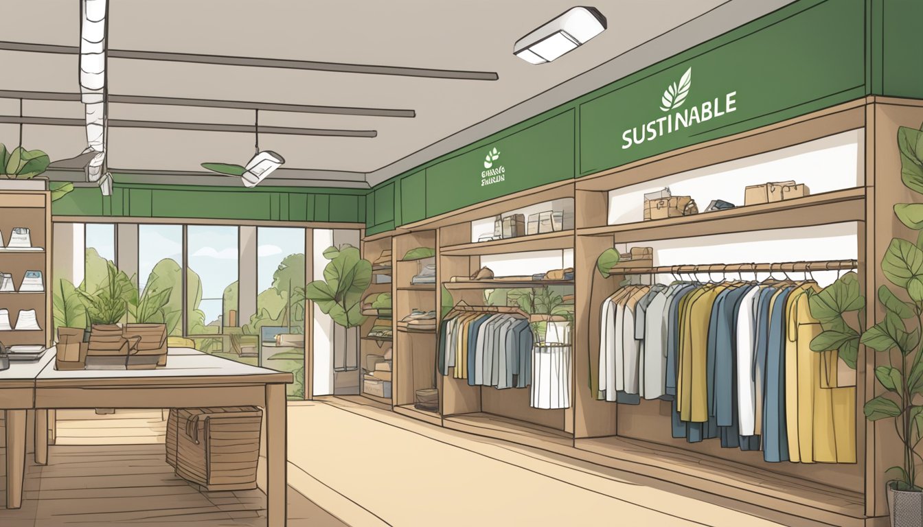 A clothing store with eco-friendly materials, recycled packaging, and a "sustainable fashion" sign