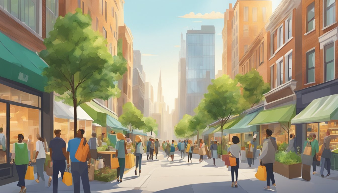 A bustling city street with eco-friendly clothing stores, recycling bins, and people carrying reusable bags. The sun shines on solar panels and green rooftops