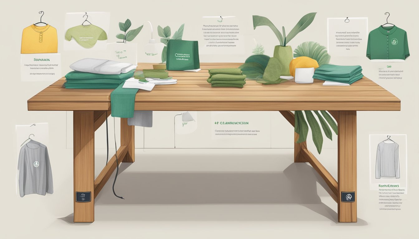 A table with eco-friendly fabrics, recycled materials, and certification labels for sustainable fashion brands